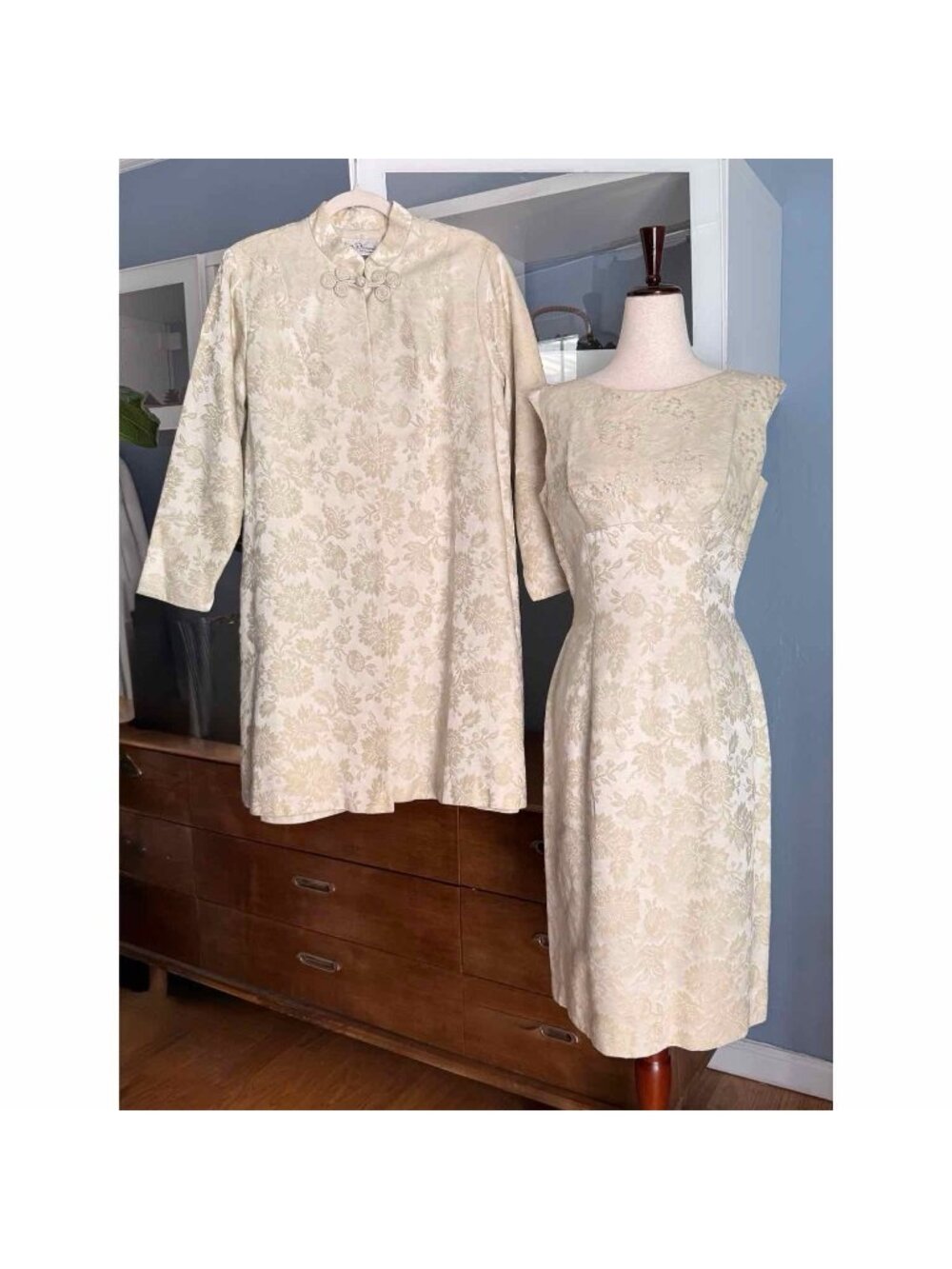 Vtg 60’s Lilli Diamond Floral Brocade Jacket & Dress Ivory Cream Sz S Cocktail